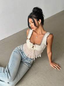 Aloruh 杏色褶皱下摆拼色修身女式衬衫，适合浪漫约会 - 杏色 - 查看 6