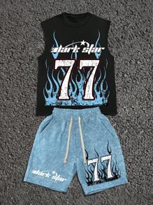 GENIUS ODE Men's Streetwear Number 77 Print Top And Shorts Set, Loose Fit Two Pieces Outfit For Summer - Multicolor - View 1