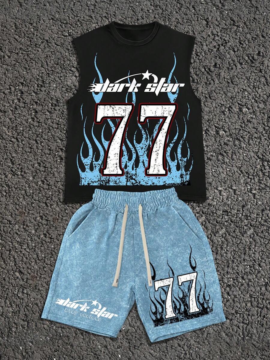 GENIUS ODE Men's Streetwear Number 77 Print Top And Shorts Set, Loose Fit Two Pieces Outfit For Summer - Multicolor - View 1