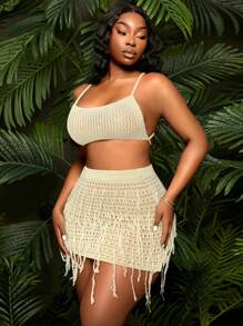 SHEIN SXY 2 件套大码女式 2025 春夏新款度假 3D 花卉 + 渐变色 + 镂空设计喇叭袖短款上衣和美人鱼裙套装，适合海滩度假、约会之夜、生日、单身派对装，可爱、休闲、购物、街头服饰、外出，易于搭配且看起来苗条，突出您的身材，修饰身材 - 杏色 - 查看 5