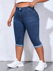 SHEIN CURVE+ Jeans de mezclilla casual con diseño de bigotes de gato para tallas grandes