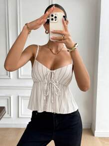 Serisse Áo kẻ sọc vải lanh mùa hè dành cho nữ 2025: Áo hai dây vải lanh và buộc phía trước có nơ – & Áo mùa hè thường ngày Áo babydoll phù hợp để mặc hàng ngày trong mùa hè Áo đi chơi cho nữ Kỳ nghỉ mùa hè Tốt nghiệp mùa hè Ngày 4 tháng 7 Trang phục phương Tây cho phụ nữ Đi biển mùa hè dành cho phụ nữ - Màu be - Xem 7