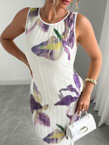 Elenzga 夏季大码花卉印花无袖束腰时尚连衣裙