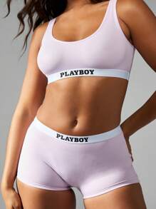 Missguided x Playboy Sports Bra And Boy Shorts Activewear Lounge Set Indoor Athletics Boxing Exercise Workouts Cross Training Yoga Set - Lilac Purple - View 6