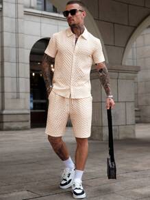 Manfinity CasualCool Men's Textured Short Sleeve Shirt And Shorts Casual Suit - Khaki - View 6