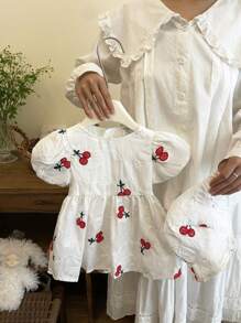 Baby Girls 0-3 Years Old Spring/Summer Cute Playful Daily Outing Cherry Embroidery Puff Sleeve Dress + Hat - White - View 11