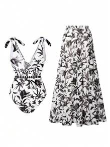 Swim Oasis New Arrival Black & White V-Neck Bow & Floral Print Swimsuit Skirt 2 Pieces Set With Mesh Skirt, Premium Beach Summer Outfit For Women - Black and White - View 2