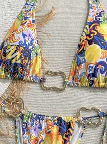 Soleia Conjunto de bikini con cuello halter, espalda anudada y decoración metálica, de estampado colorido vintage, para señoras en vacaciones