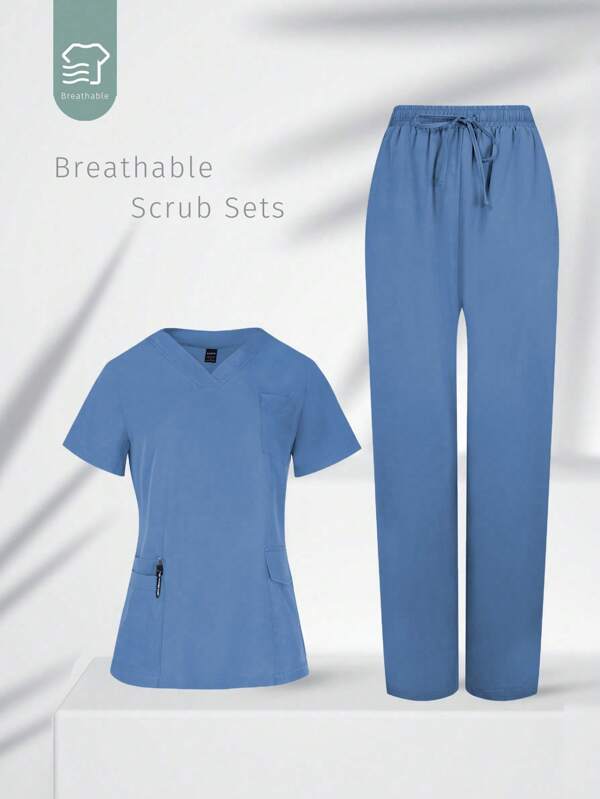 TaskEZ Conjunto de 2 piezas de uniforme médico suave y cómodo con cuello en V, múltiples bolsillos y mangas cortas