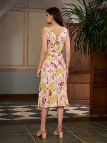 ZEYLAH Damen Blumen Muster V-Ausschnitt Fischschwanz Saum ärmellose elegante Maxi Kleid