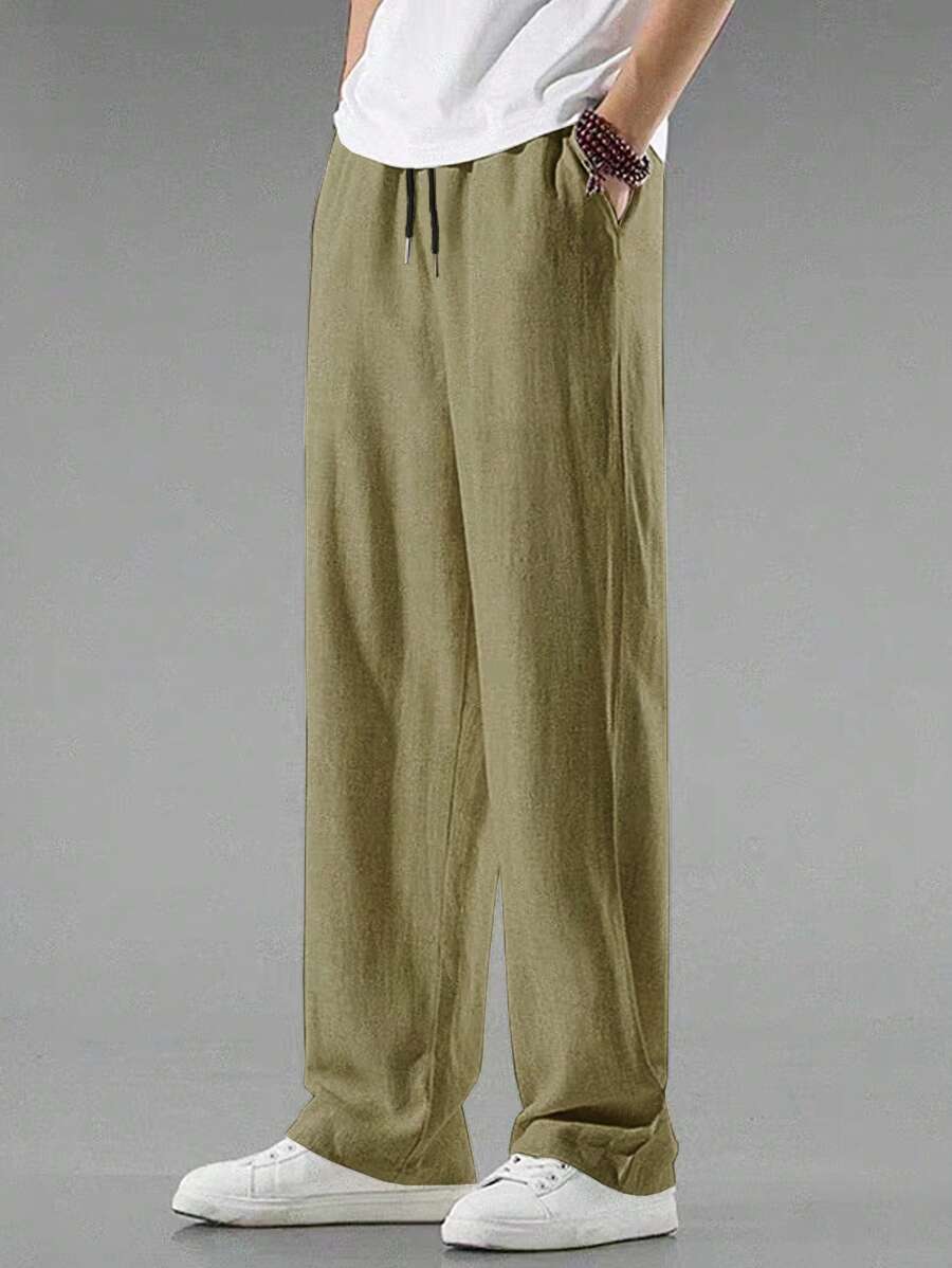 Claim Dot Pantalones largos de unicolor con cordón en la cintura para hombres, uso casual diario, otoño - Verde militar - Ver 1