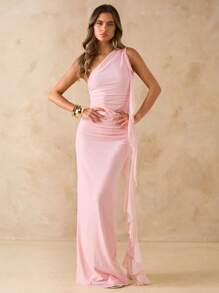 SHEIN BAE 女式纯色不对称褶饰露背长款网眼荷叶边连衣裙，优雅海滩度假连衣裙，春夏 - 淺粉色 - 查看 7