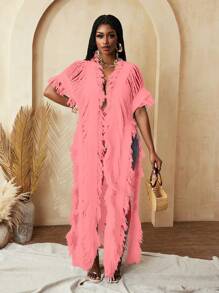 BamGleam Áo len cardigan dài tay khoét lỗ đơn giản cho nữ đi nghỉ mát thường ngày - Hồng - Xem 3