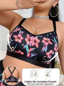 SHEIN 1 件大码女士花卉印花无钢圈时尚文胸 - 彩色 - 查看 5