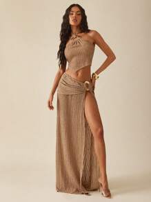 Hauture Falda larga con abertura alta y textura de punto, sexy, para vacaciones de verano - Caqui - Ver 1