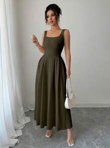 Elenzga 女士方领 A 字腰修身中长连衣裙，秋冬欧式风格 - 軍綠色 - 查看 5