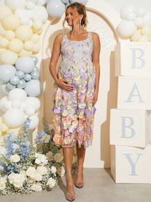 Loomaby Umstandsmode Sommerkleid mit Blumen-Stickerei, elegant, ärmelos, Gender Reveal Kleid, Baby Shower Kleid, Umstandskleid - Verschiedenfarbig - Übersicht 7