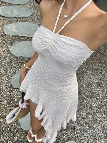 Lyxana 女士休闲夏季度假不对称下摆露背系腰雪纺连衣裙 - 杏色 - 查看 1