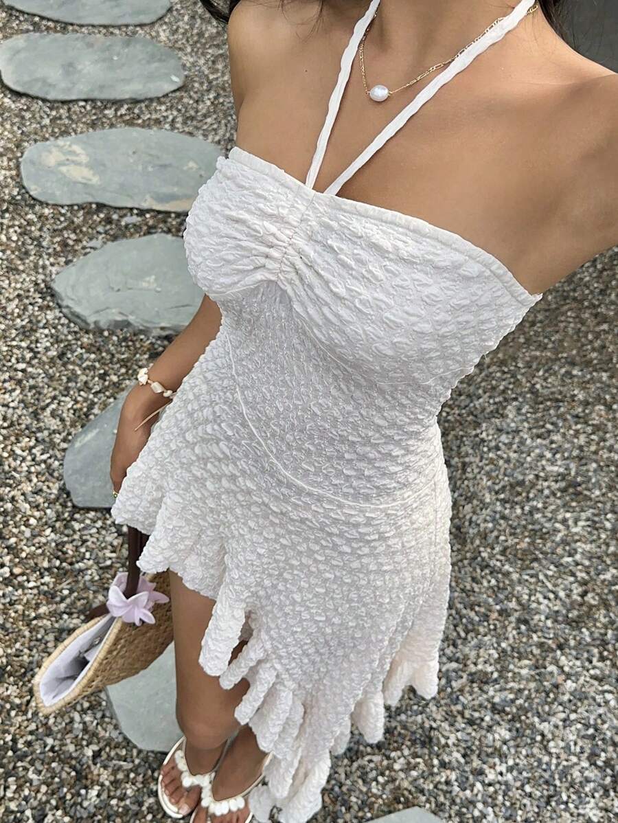 Lyxana 女士休闲夏季度假不对称下摆露背系腰雪纺连衣裙 - 杏色 - 查看 1