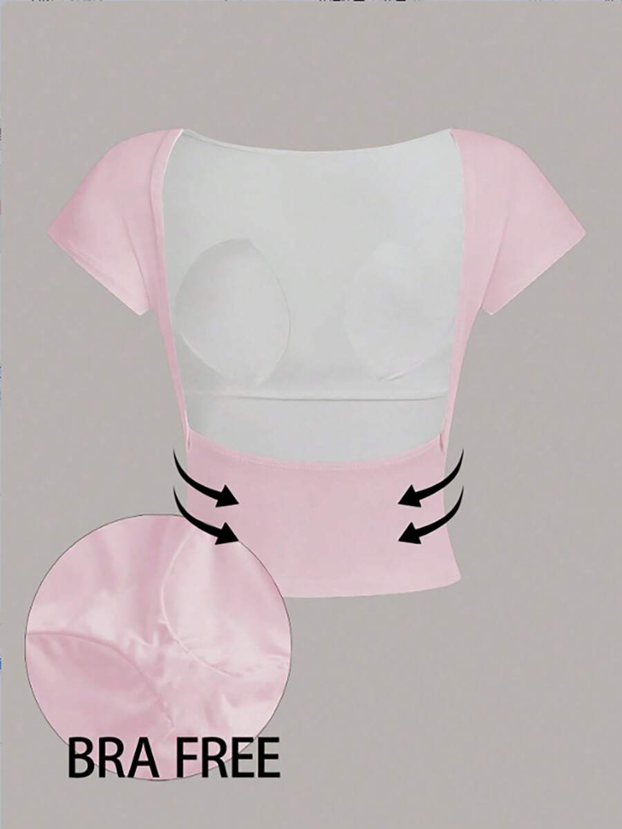 Women's Padded Backless Sexy Crop Pink Top Tee, Suitable For Summer, Built-In Bra - Pink - View 1