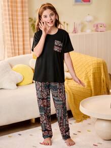 SHEIN 青少年女孩针织复古印花休闲圆领短袖长裤睡衣套装 - 彩色 - 查看 4