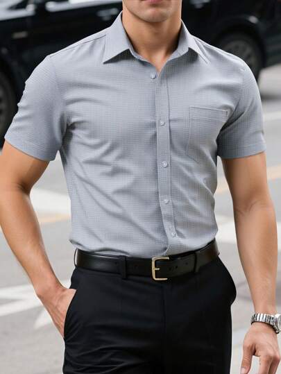 Manfinity Mode 男士纯色商务休闲短袖衬衫，男士办公室休闲正装衬衫