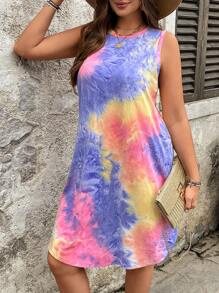SHEIN VCAY 大码扎染印花无袖休闲连衣裙 - 彩色 - 查看 1
