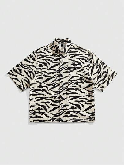 Street Life Boxy Fit Zebra Patterned Denim Shirt For Men, Summer
