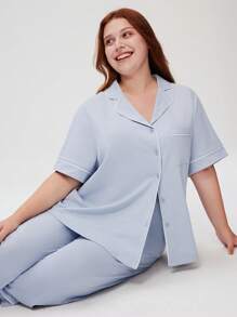 LUVLETTE Women's Plus-Size Soft 100% Pure Cotton Basic Button-Up Top & Pants Loungewear Pajama Set Pants With Pockets,Spring And Summer Cotton Pajamas - Blue - View 3