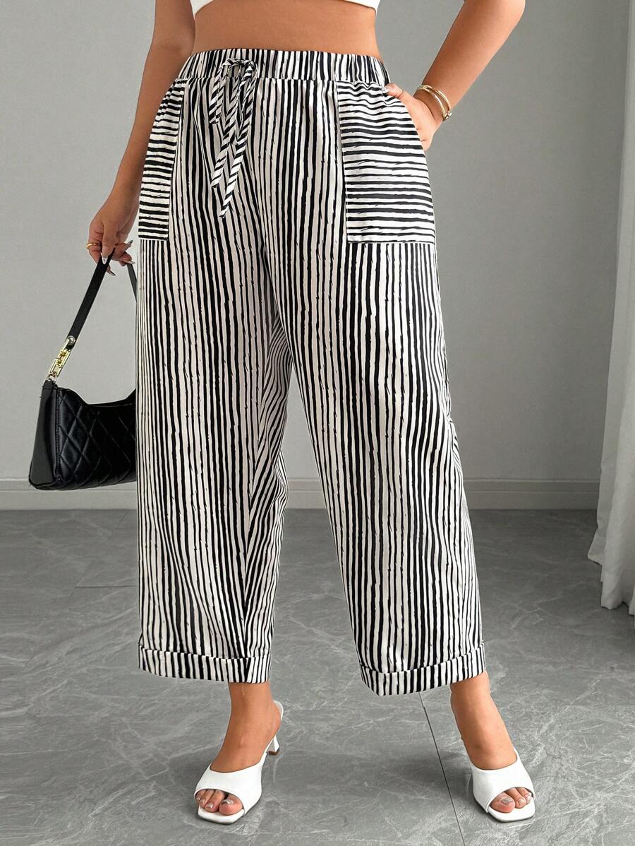 SHEIN CURVE+ 大码女式系腰条纹口袋锥形休闲裤 - 彩色 - 查看 1