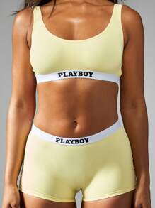 Missguided x Playboy MISSGUIDED Comfortable Athletic Bra Boyshort Set High Waist Underwear Set Workout Sports Two Piece Set Matching Sport Exercise Dance Summer Spring