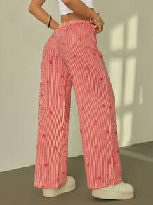 SHEIN PETITE Elegant Low Waist Sexy Out Comfortable Trousers, Bow Striped Print Versatile Long Pants - Red - View 2