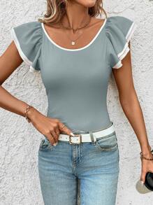 SHEIN Clasi 女式荷叶边袖修身T恤，夏季时尚