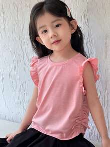 SHEIN 年轻女孩休闲简约荷叶边袖圆领背心，舒适贴身设计，适合夏季 - 粉色 - 查看 6