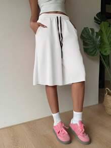 SHEIN EZwear 白色针织阔腿百慕大短裤，运动风，夏季 - 白色 - 查看 4