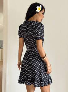 SHEIN PETITE 女式波尔卡圆点印花深 V 领裹式系带短袖连衣裙 - 黑色 - 查看 2