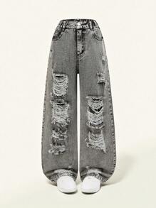 SHEIN Sparklyn Fashionable & Comfortable Tween Girl Casual Relaxed Fit Water-Washed Black Loose Pants With Distressed Design, Suitable For Daily Wear, Spring/Summer 2025 NEW Arrival