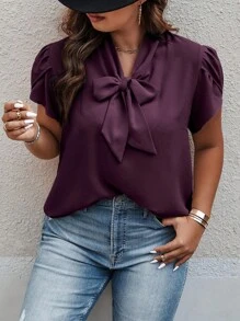 Weeklong 大尺碼純色綁帶領口花瓣袖休閑夏季襯衫 - 紫色 - 查看 3