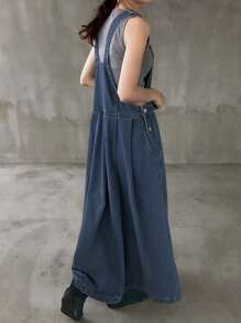 FRIFUL Đầm yếm denim không tay màu trơn có túi dành cho nữ, đầm mùa hè. - Rửa tối - Xem 2