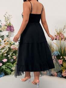 Bellastra Plus Size Black Summer Boho Lace Floral Embroidery Sleeveless V-Neck Contrast Mesh Long Dress, Elegant Commuter Vacation Style Party Dress - Black - View 2