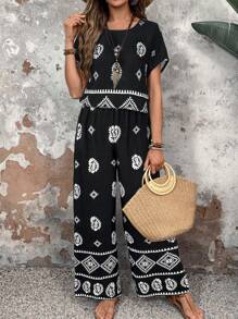 EMERY ROSE Woman Summer Outfits Two Pieces Outfits For Daily Wear,Paisley Print Two-Piece Vacation Pants Set - Black and White - View 6
