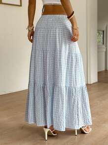 SHEIN EZwear Falda larga a rayas azules y blancas para mujer, adecuada para vacaciones de verano - Azul y blanco - Ver 2