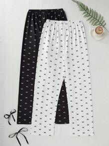 SHEIN 2件套蝴蝶结印花女士休闲睡衣裤套装，秋冬服装 - 黑與白 - 查看 2
