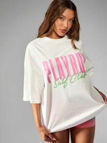 Missguided x Playboy Retro Style Club Graphic Streetwear Cotton Oversized T-Shirt Summer Athleisure Daily Casual Top Weekend Relaxed Staple - White - View 6
