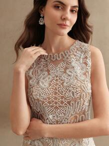 Anewsta 2025 New Spring/Summer Unique Casual Pearl, Sequin & Embroidery Sleeveless Cropped Tank Top - Apricot - View 1