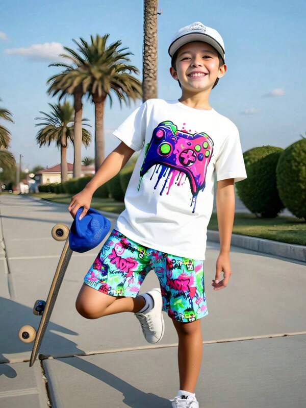 SHEIN 2pcs Tween Boy Spring/Summer New Colorful Game Controller Printed Matching Colorful Printed Knit Shorts, Street-Style, Beach Vacation