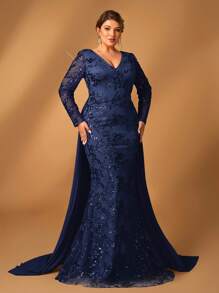 Serin Plus Size Women's Elegant Luxurious Sparkling Sequin Fabric V-Neck Mid-Sleeve Mermaid Long Hem Patchwork Chiffon Flowy Dress, Suitable For Wedding, Gala, Party, Formal Mother Of The Bride Dress