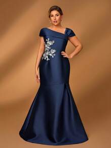 Serin Váy đuôi cá xếp nếp satin màu xanh navy hở vai sang trọng thanh lịch cỡ lớn, phù hợp cho đám cưới, tiệc đơn, kỳ nghỉ, vũ hội, váy dạ hội, mẹ cô dâu - Màu xanh hải quân - Xem 7