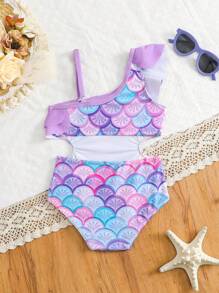 Baby Girl Mermaid Scale Print Asymmetrical Neck Hollow-Out One-Piece Swimsuit, Suitable For Beach Vacation