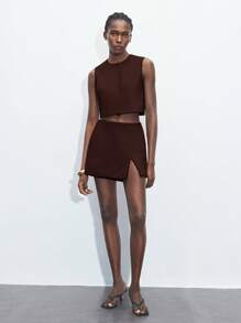 Maija 棕色圆领宽松无袖上衣和中腰西装裤裙两件套，适合女士，现代都市风格，优雅商务休闲 - 棕色 - 查看 3